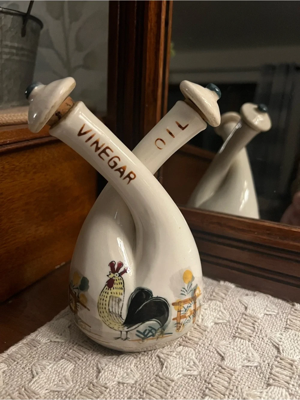 THAMES Vintage Antique Ceramic Double Neck Oil & Vinegar Bottle with Cork‎ Stop
